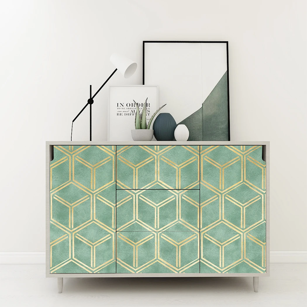 Golden Hexagon Self Adhesive Wallpaper Gold Striped Peel and Stick Wallpaper Green Removable Contact Paper for Wall Decor
