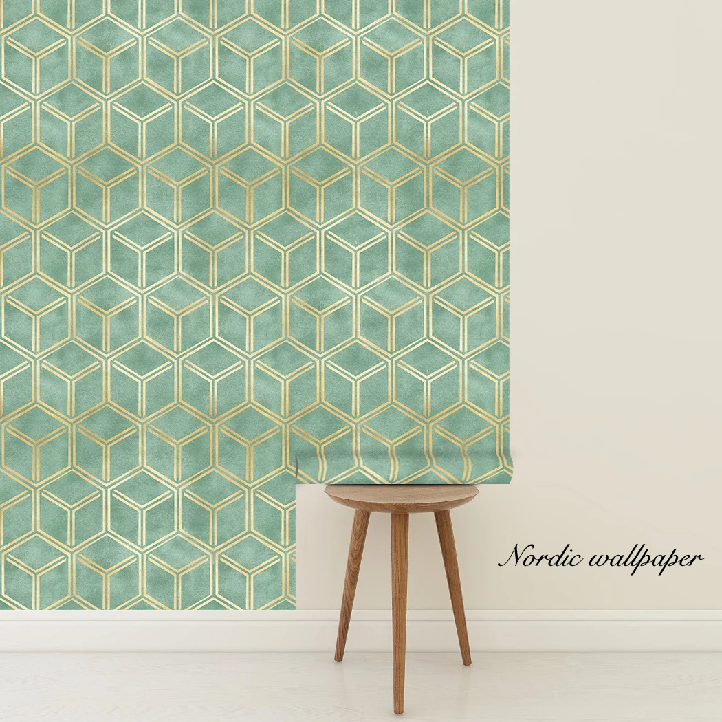 Golden Hexagon Self Adhesive Wallpaper Gold Striped Peel and Stick Wallpaper Green Removable Contact Paper for Wall Decor