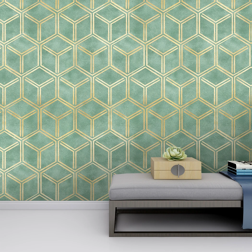 Golden Hexagon Self Adhesive Wallpaper Gold Striped Peel and Stick Wallpaper Green Removable Contact Paper for Wall Decor