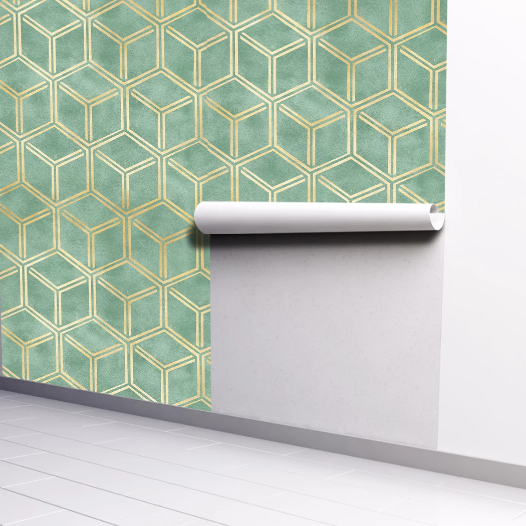 Golden Hexagon Self Adhesive Wallpaper Gold Striped Peel and Stick Wallpaper Green Removable Contact Paper for Wall Decor