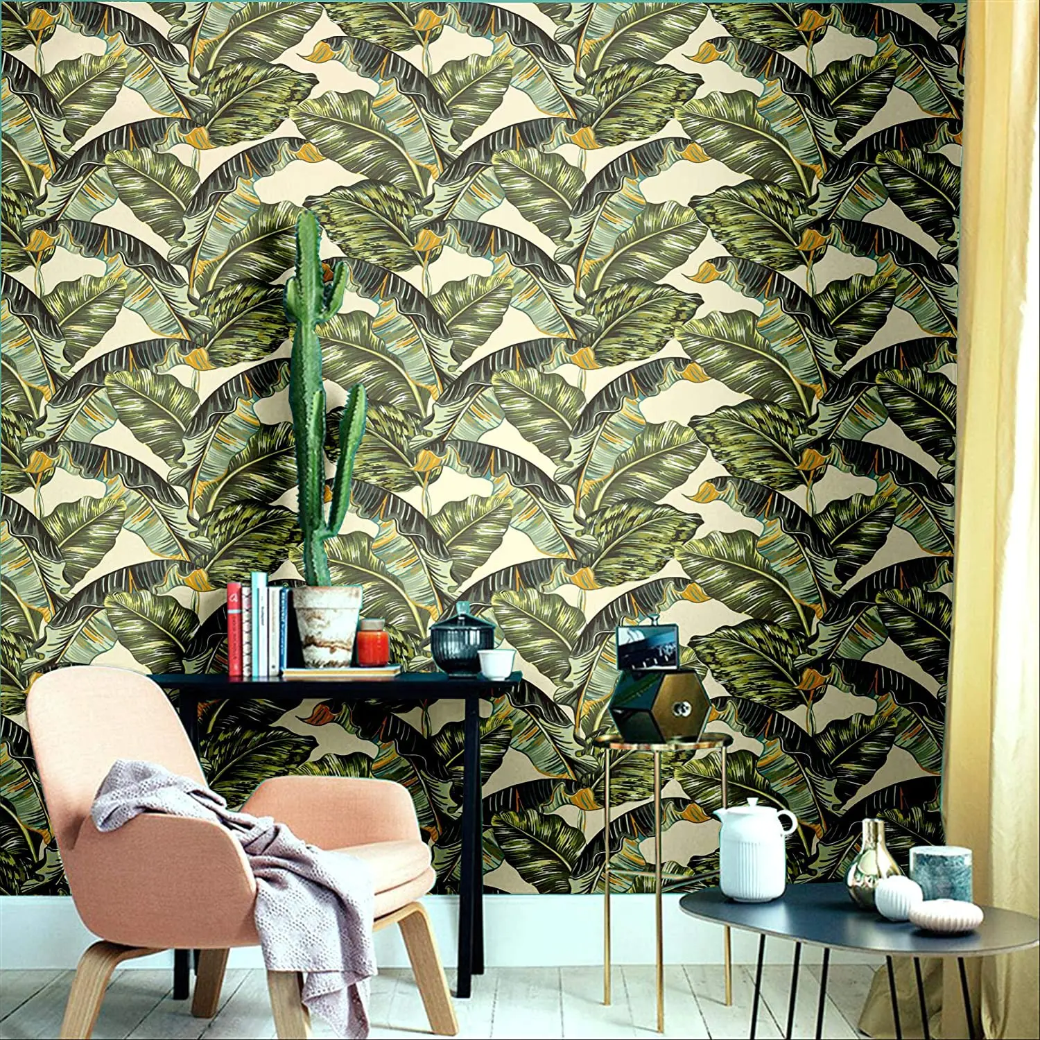 Green Leaf Peel and Stick Wallpaper Handpainting Palm Trees Self Adhesive Prepasted Wallpaper Waterproof Thicken Wall Mural