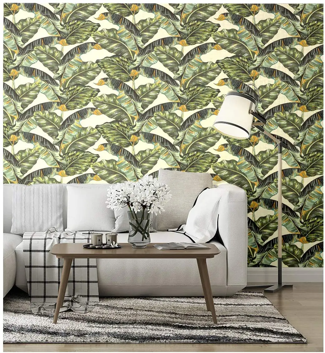 Green Leaf Peel and Stick Wallpaper Handpainting Palm Trees Self Adhesive Prepasted Wallpaper Waterproof Thicken Wall Mural