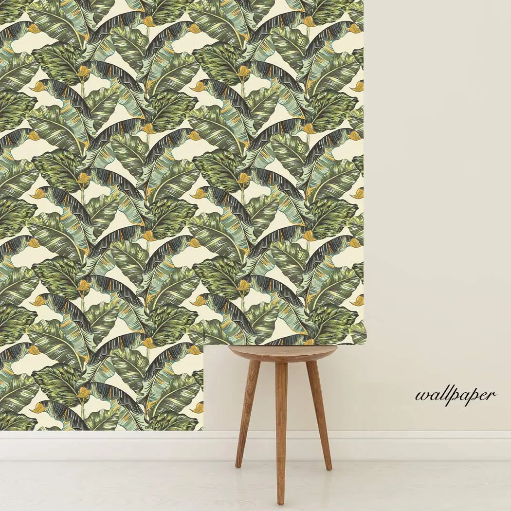 Green Leaf Peel and Stick Wallpaper Handpainting Palm Trees Self Adhesive Prepasted Wallpaper Waterproof Thicken Wall Mural