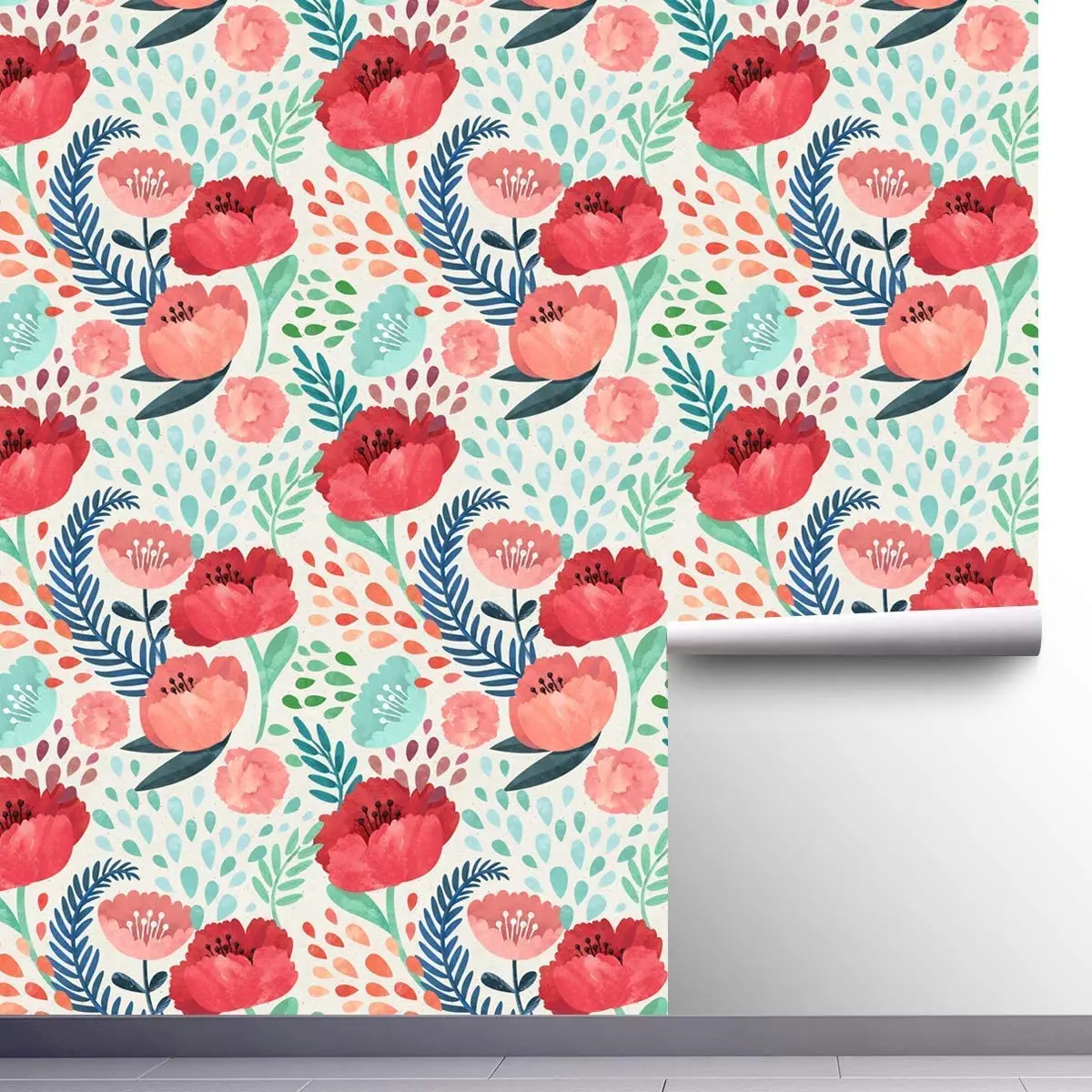 HaoHome Red Flower Peel and Stick Wallpaper Green Leaves Self-Adhesive Prepasted Wallpaper Waterproof Extra Thick Wall Stickers