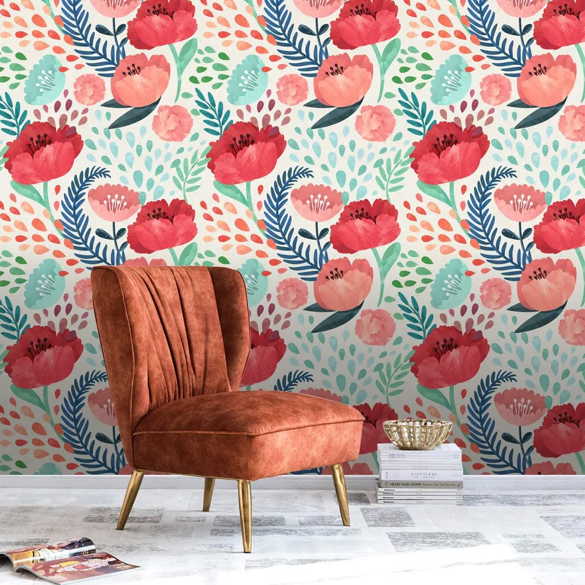 HaoHome Red Flower Peel and Stick Wallpaper Green Leaves Self-Adhesive Prepasted Wallpaper Waterproof Extra Thick Wall Stickers