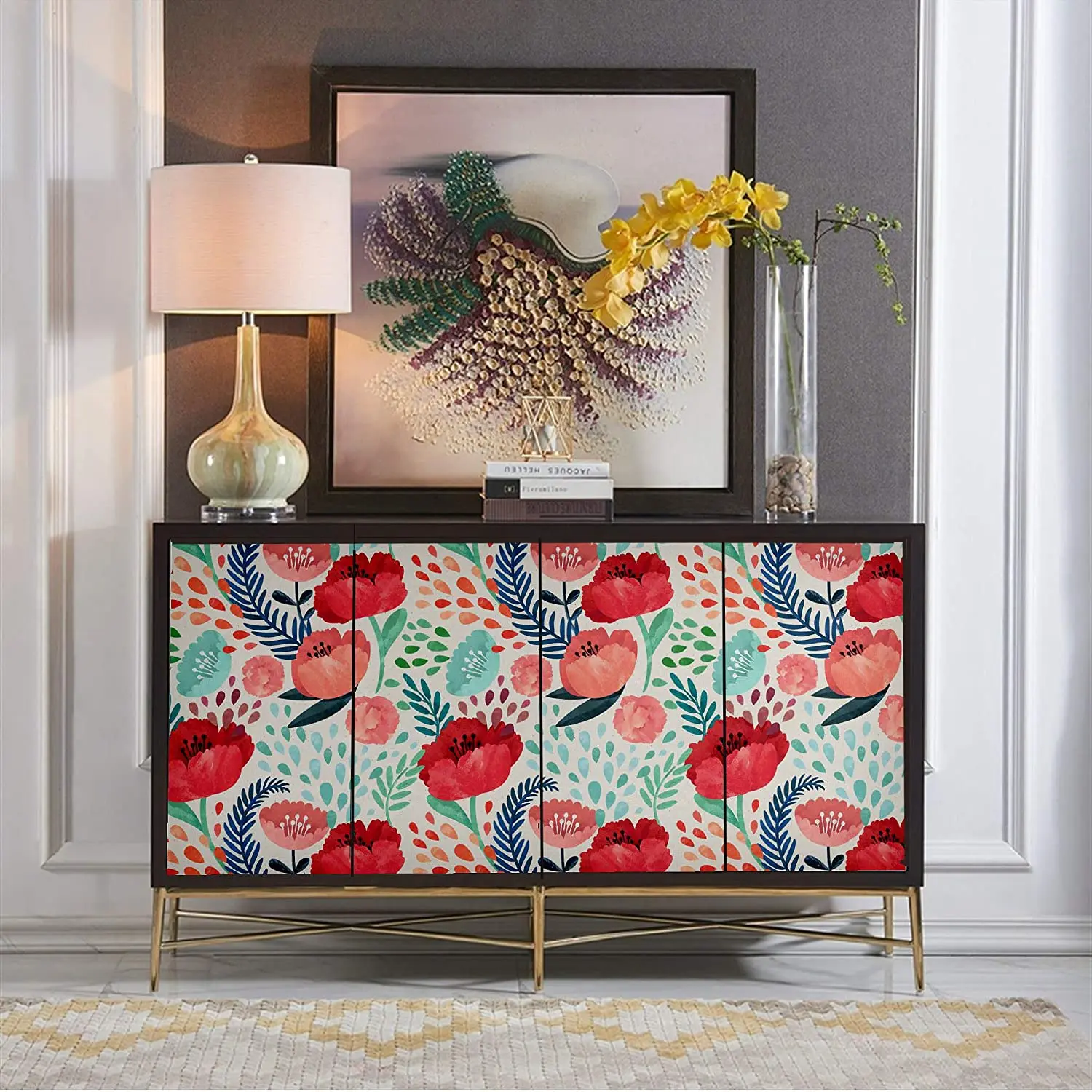 HaoHome Red Flower Peel and Stick Wallpaper Green Leaves Self-Adhesive Prepasted Wallpaper Waterproof Extra Thick Wall Stickers