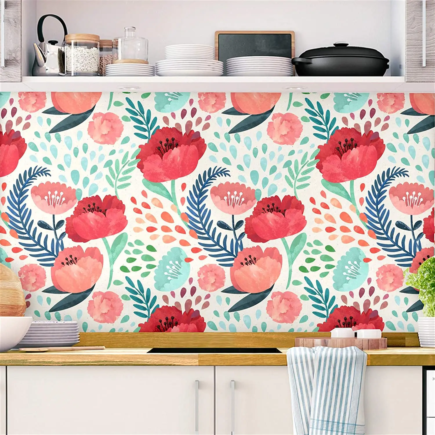 HaoHome Red Flower Peel and Stick Wallpaper Green Leaves Self-Adhesive Prepasted Wallpaper Waterproof Extra Thick Wall Stickers