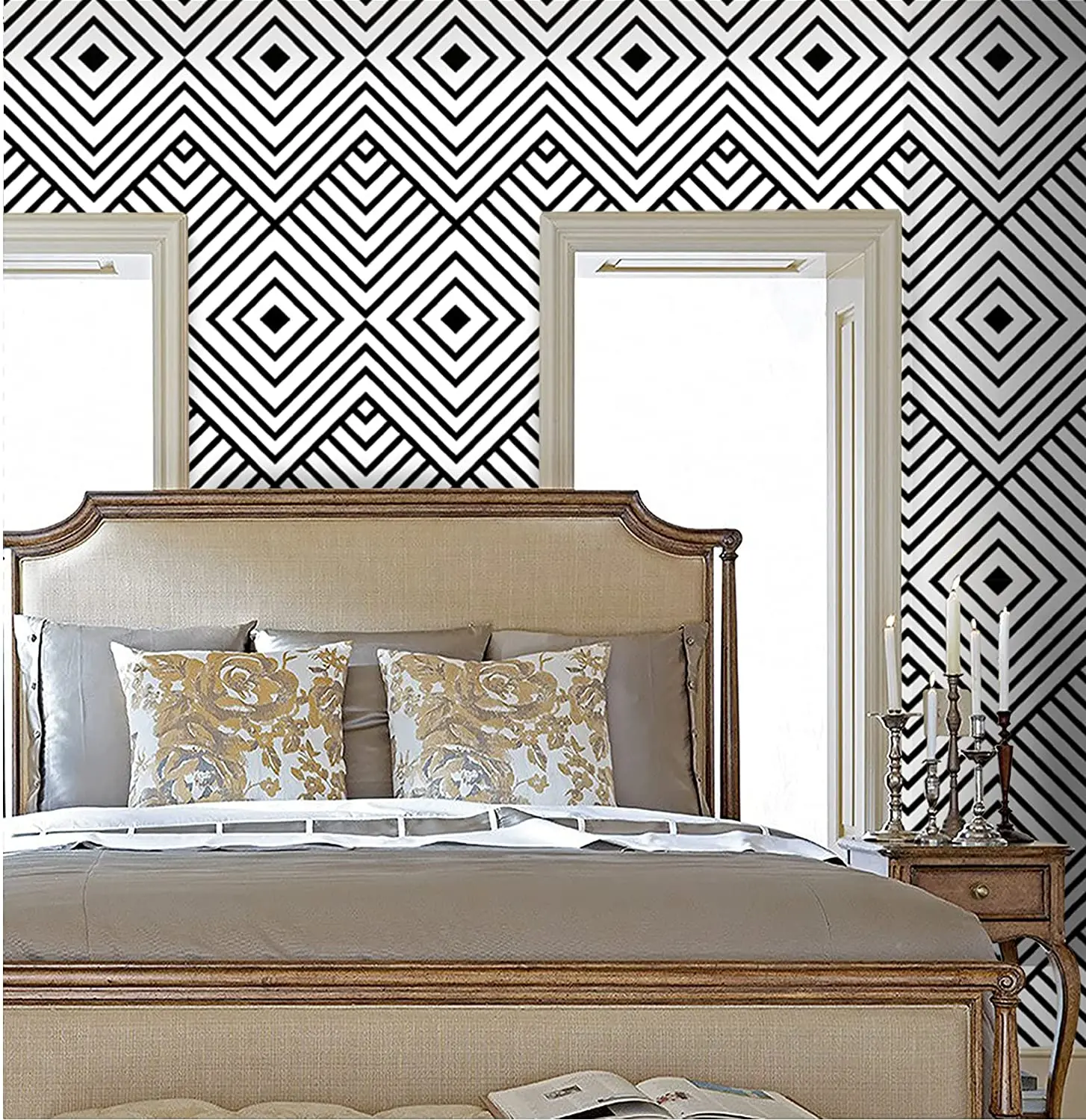 Removable Rhombus Herringbone Self Adhesive Wallpaper Black/White Geometric Peel and Stick Wallpaper Roll for Wall Decor