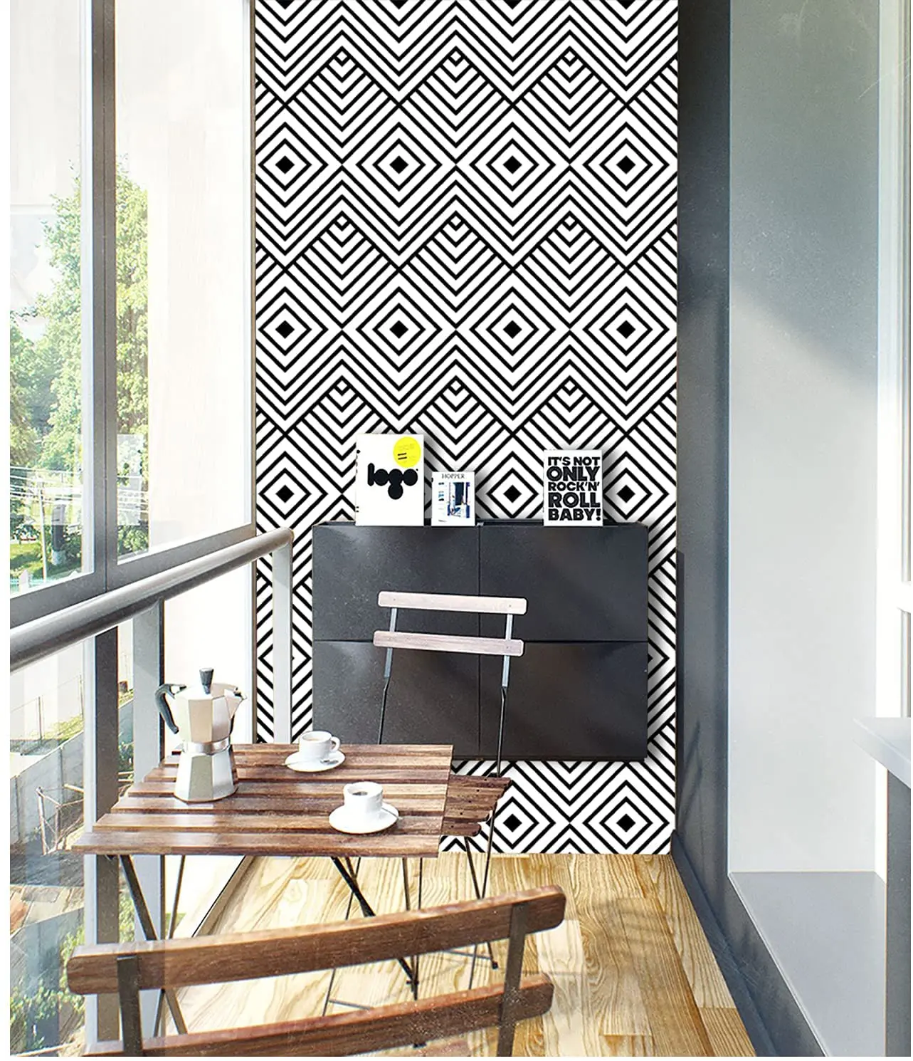 Removable Rhombus Herringbone Self Adhesive Wallpaper Black/White Geometric Peel and Stick Wallpaper Roll for Wall Decor