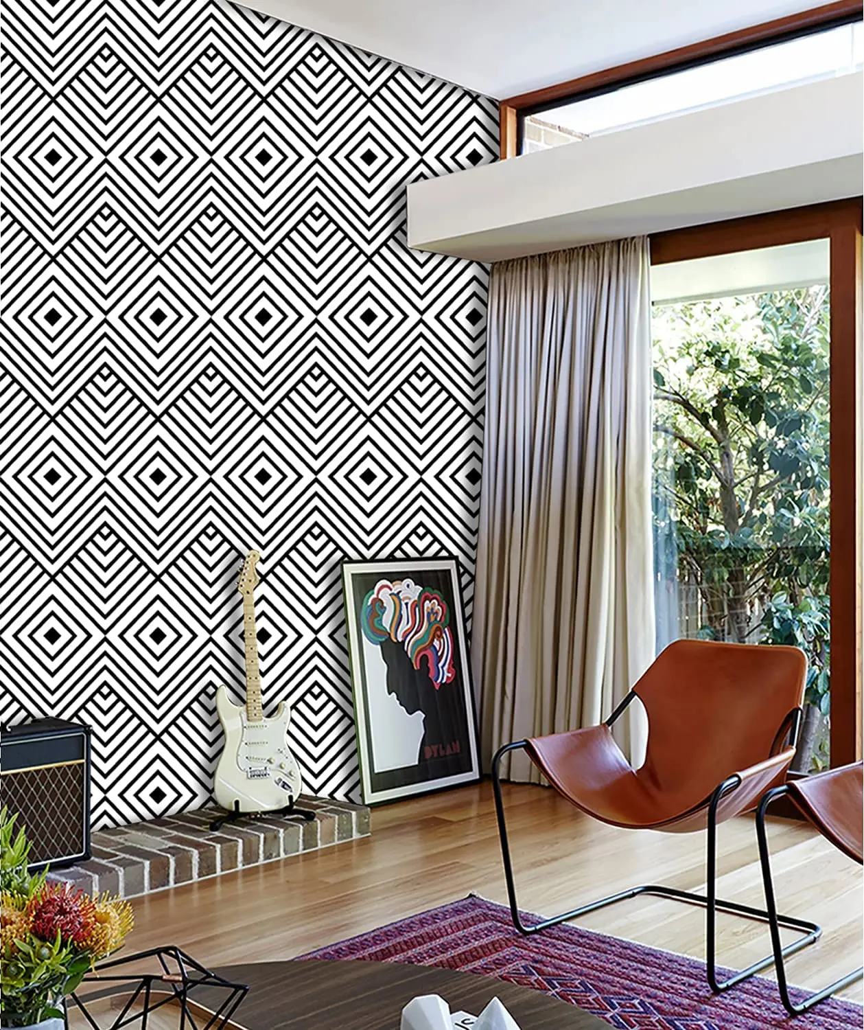 Removable Rhombus Herringbone Self Adhesive Wallpaper Black/White Geometric Peel and Stick Wallpaper Roll for Wall Decor