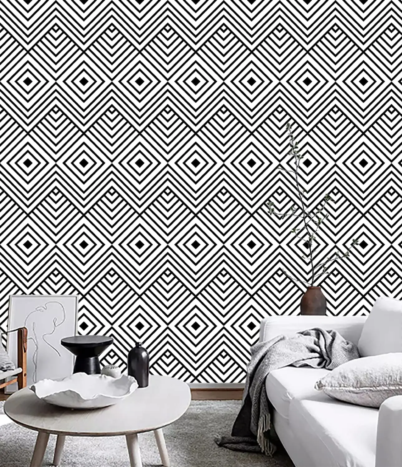 Removable Rhombus Herringbone Self Adhesive Wallpaper Black/White Geometric Peel and Stick Wallpaper Roll for Wall Decor