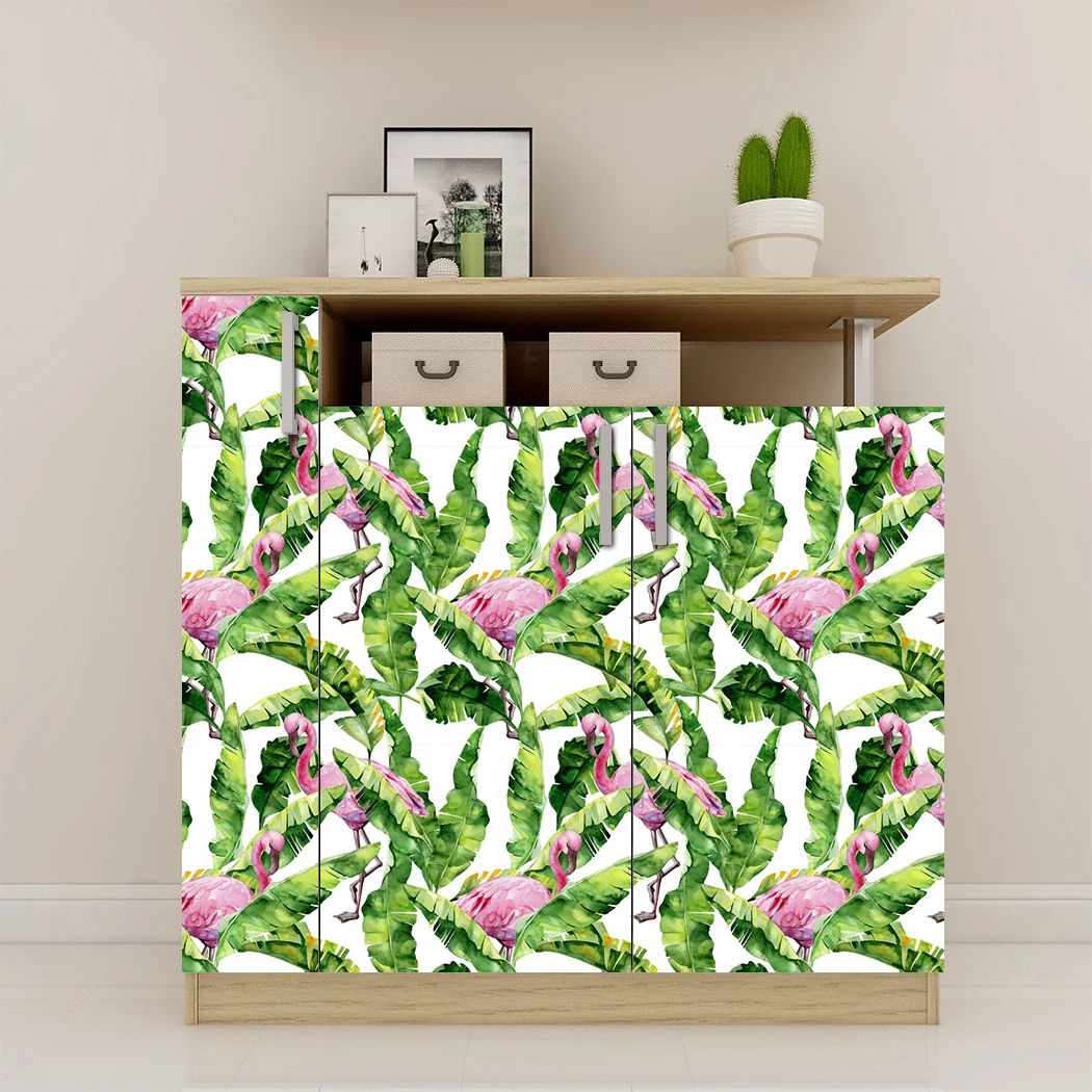 Flamingo Self-Adhesive Wallpaper Palm Tree Flamingo Peel and Stick Wallpaper Green/Pink Vinyl Wallpaper for Wall Decor Film Roll