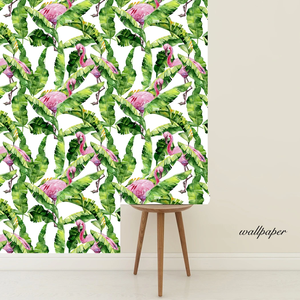 Flamingo Self-Adhesive Wallpaper Palm Tree Flamingo Peel and Stick Wallpaper Green/Pink Vinyl Wallpaper for Wall Decor Film Roll