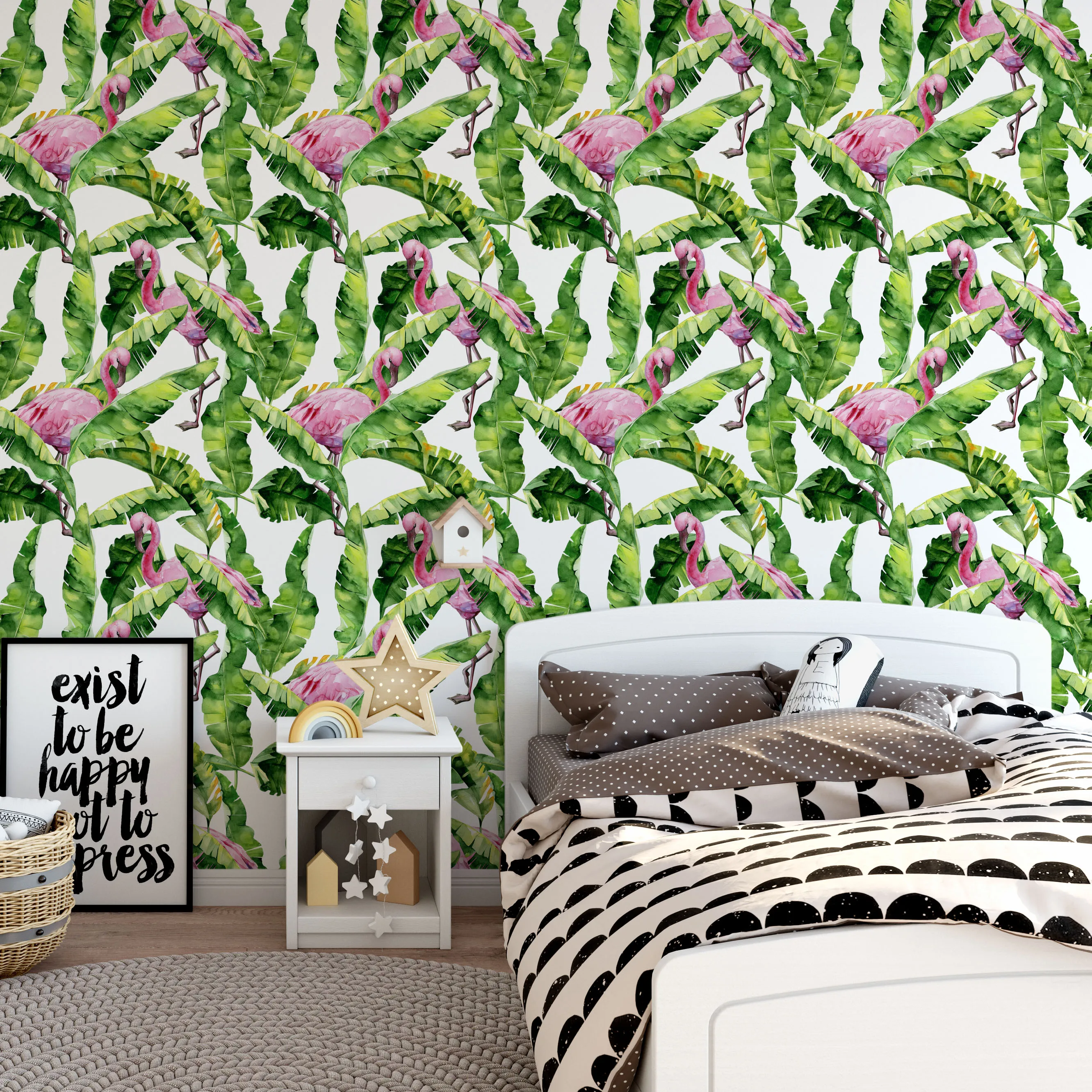 Flamingo Self-Adhesive Wallpaper Palm Tree Flamingo Peel and Stick Wallpaper Green/Pink Vinyl Wallpaper for Wall Decor Film Roll