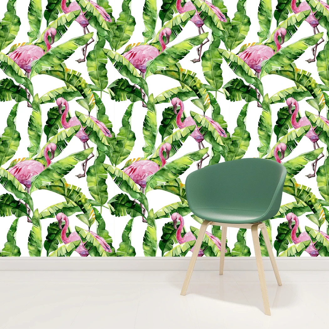 Flamingo Self-Adhesive Wallpaper Palm Tree Flamingo Peel and Stick Wallpaper Green/Pink Vinyl Wallpaper for Wall Decor Film Roll