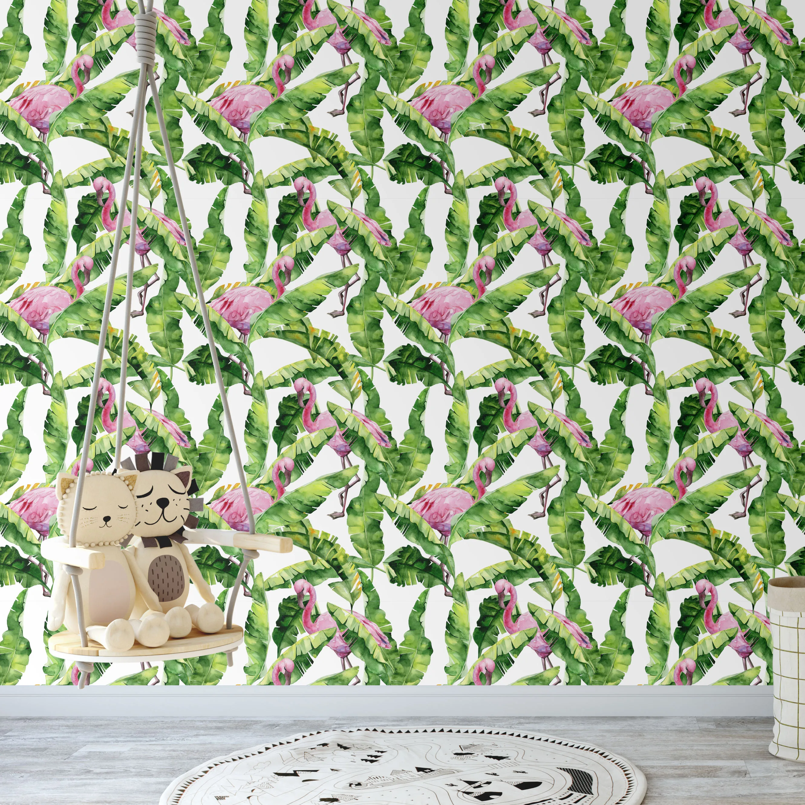 Flamingo Self-Adhesive Wallpaper Palm Tree Flamingo Peel and Stick Wallpaper Green/Pink Vinyl Wallpaper for Wall Decor Film Roll