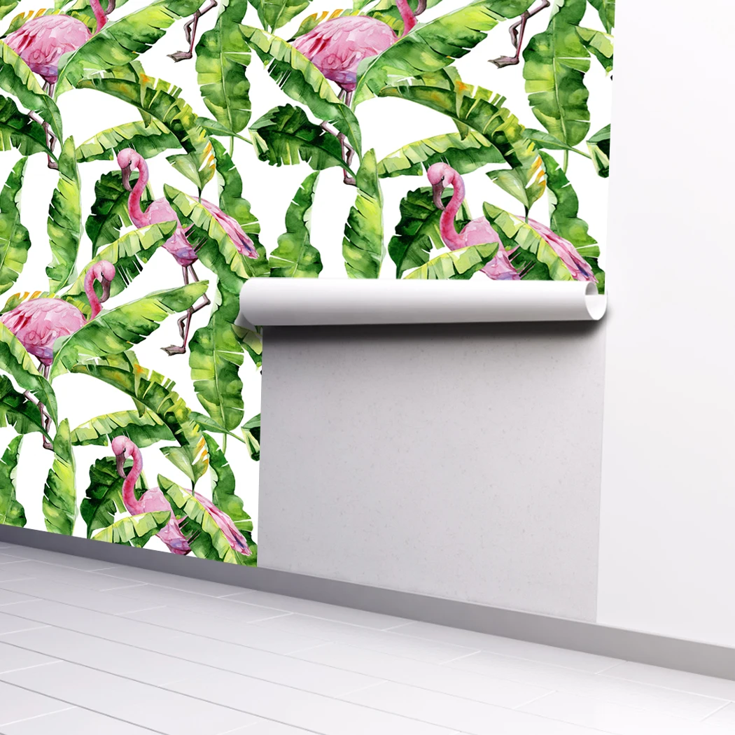 Flamingo Self-Adhesive Wallpaper Palm Tree Flamingo Peel and Stick Wallpaper Green/Pink Vinyl Wallpaper for Wall Decor Film Roll