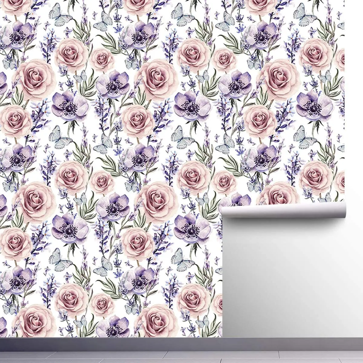Watercolor Lavender Rose Peel and Stick Wallpaper Purple Floral Self-Adhesive Removable Wall Papers for Home Bedroom Walls Decor