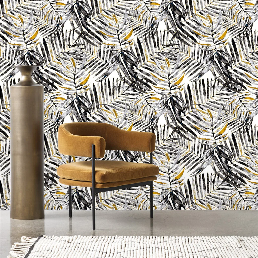 Modern Watercolor Tropical Leaves Peel and Stick Wallpaper Black Gray Yellow Self-Adhesive Prepasted Wallpaper Wall Mural