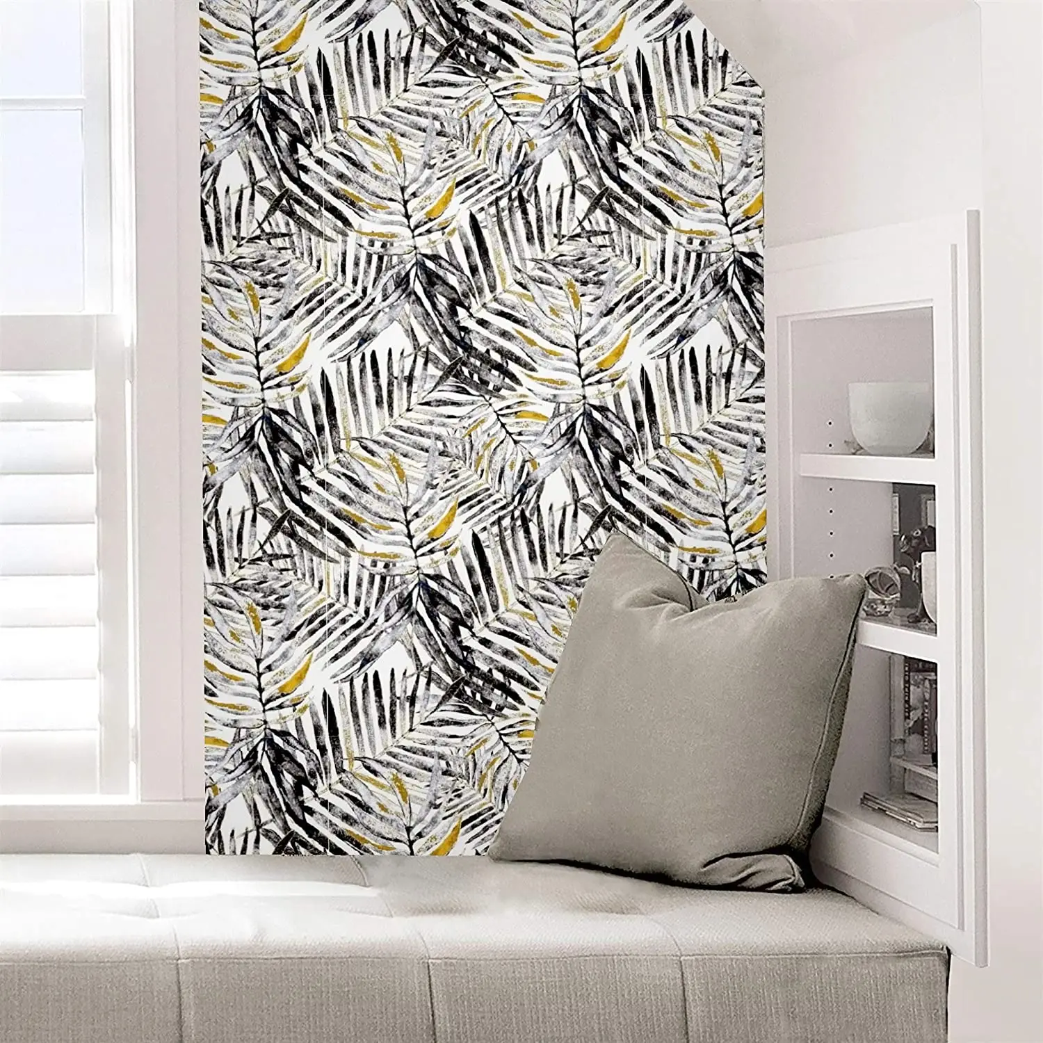 Modern Watercolor Tropical Leaves Peel and Stick Wallpaper Black Gray Yellow Self-Adhesive Prepasted Wallpaper Wall Mural