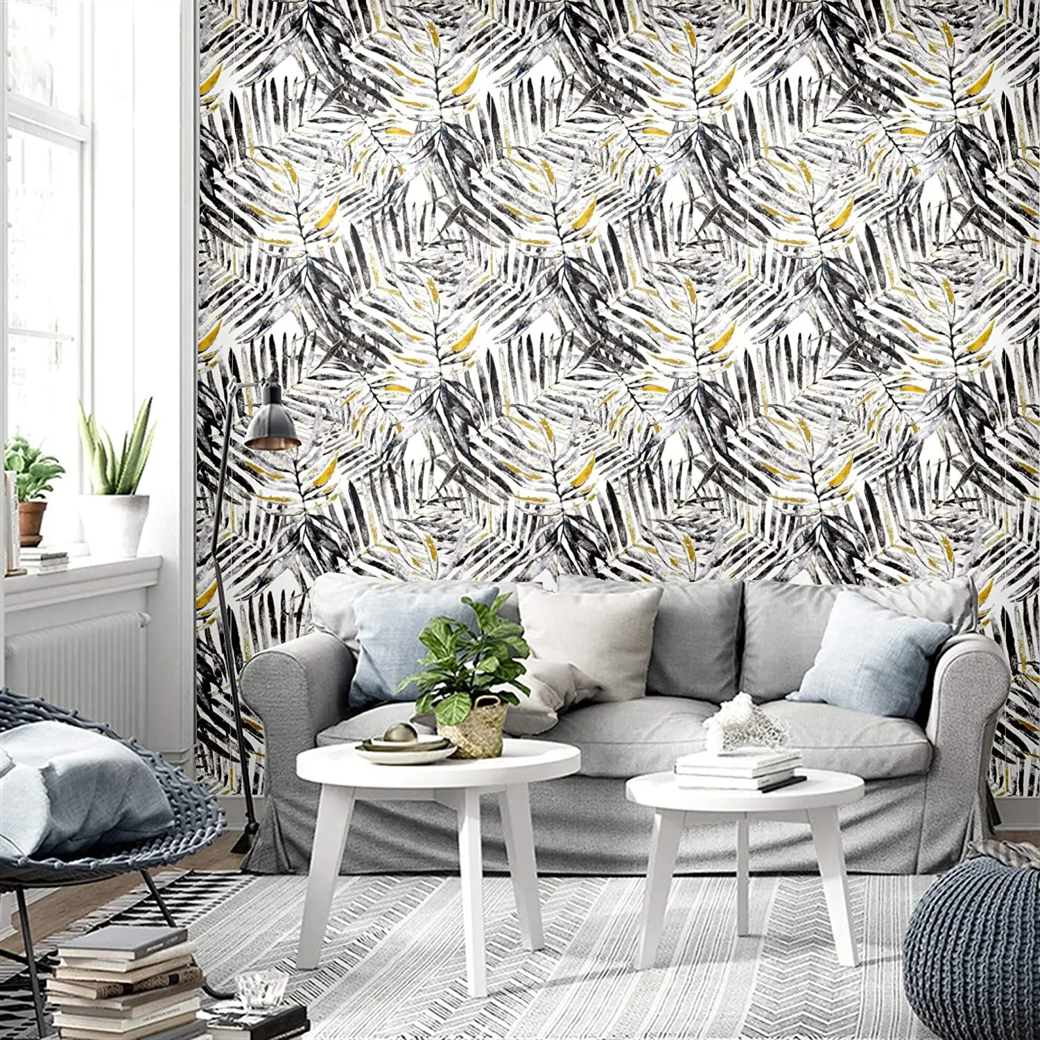 Modern Watercolor Tropical Leaves Peel and Stick Wallpaper Black Gray Yellow Self-Adhesive Prepasted Wallpaper Wall Mural