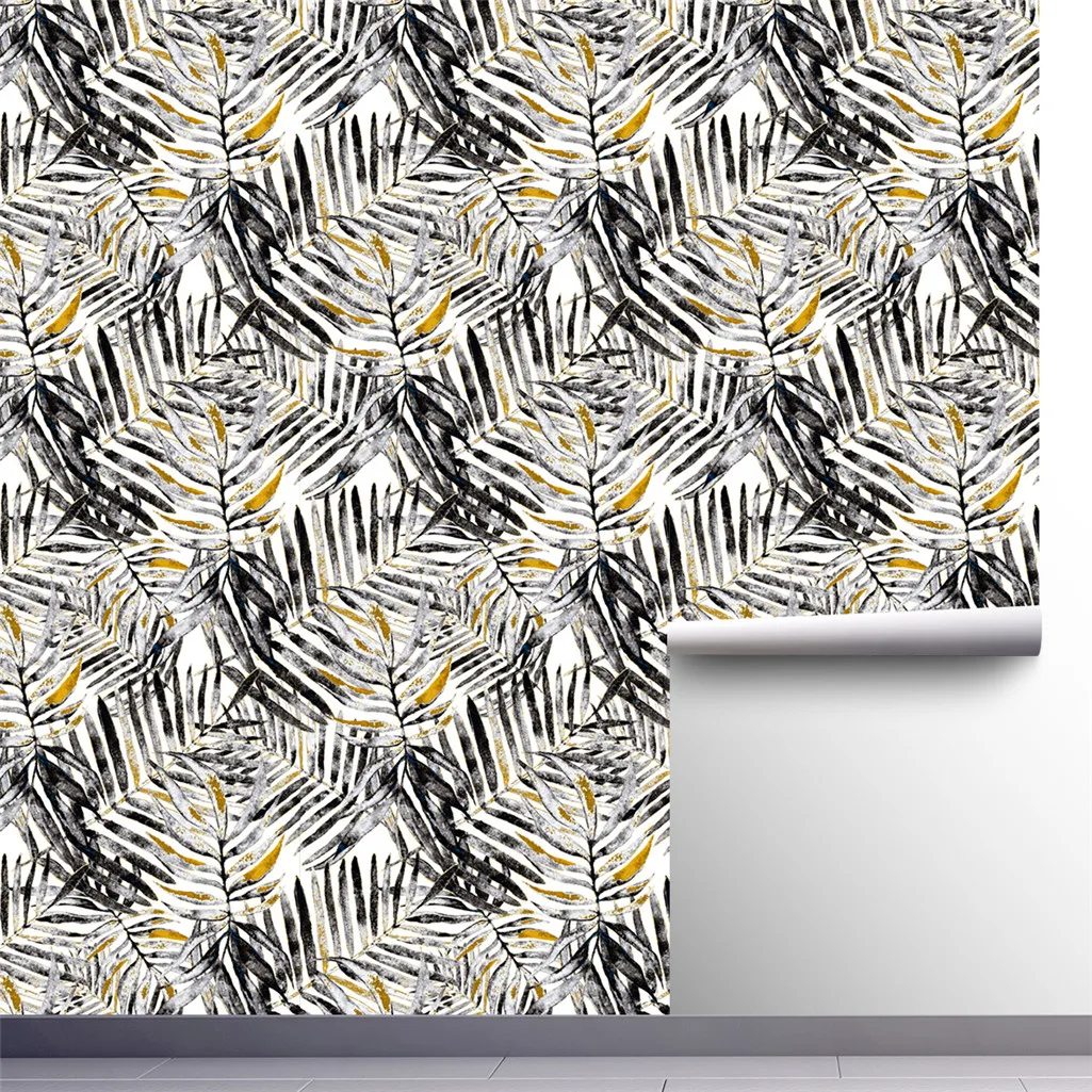 Modern Watercolor Tropical Leaves Peel and Stick Wallpaper Black Gray Yellow Self-Adhesive Prepasted Wallpaper Wall Mural
