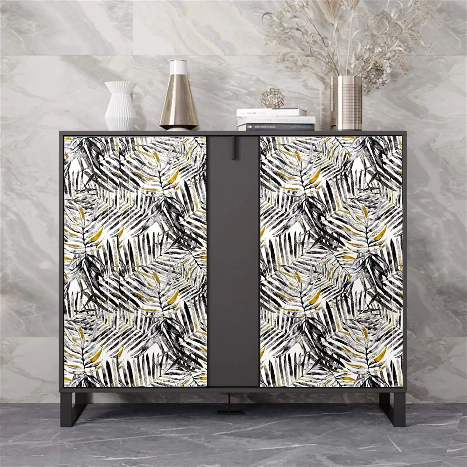 Modern Watercolor Tropical Leaves Peel and Stick Wallpaper Black Gray Yellow Self-Adhesive Prepasted Wallpaper Wall Mural