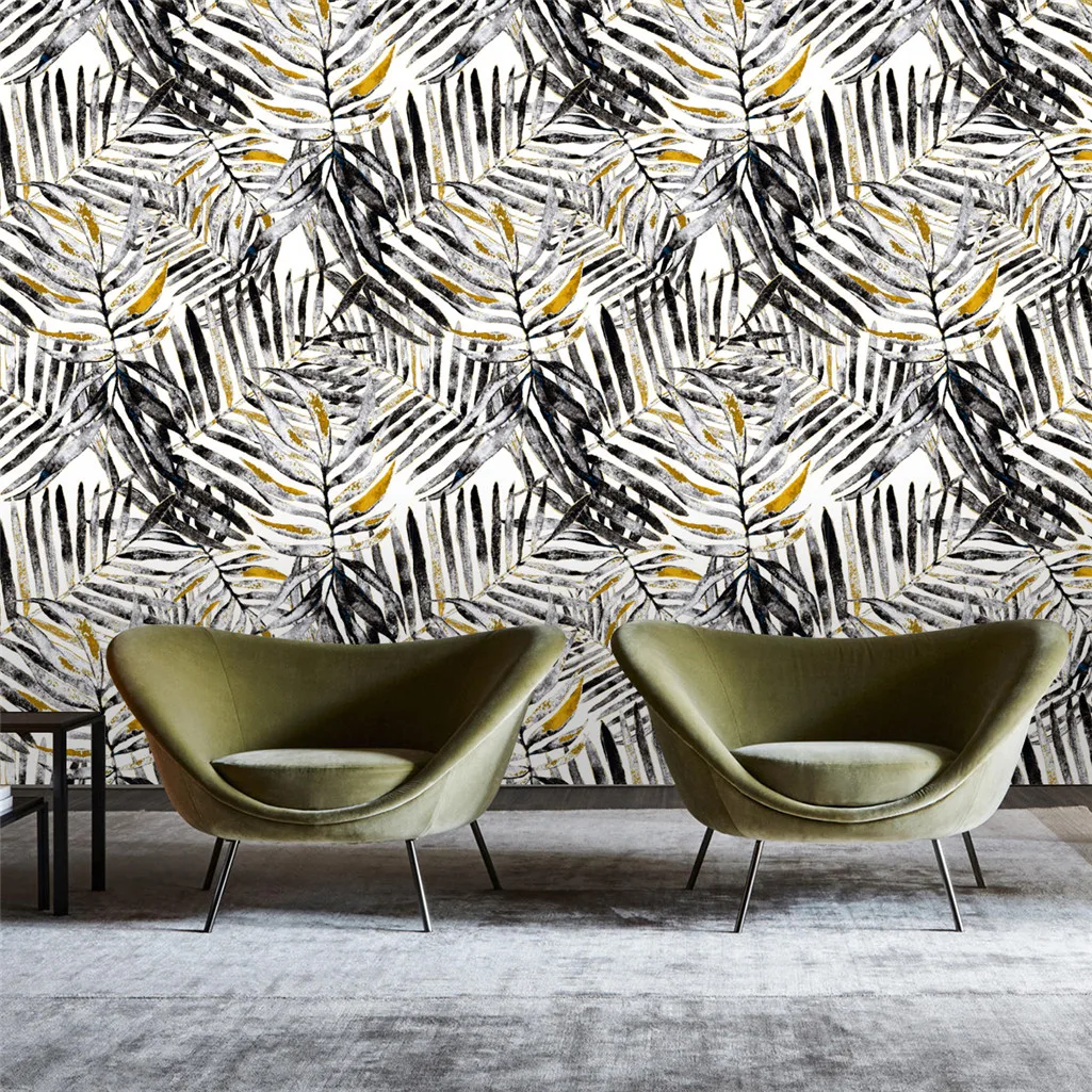 Modern Watercolor Tropical Leaves Peel and Stick Wallpaper Black Gray Yellow Self-Adhesive Prepasted Wallpaper Wall Mural