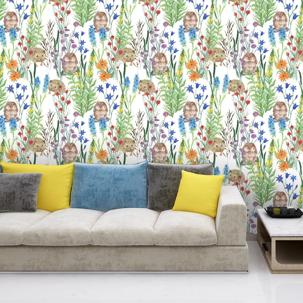 Green Forest Peel and Stick Wallpaper Cute Rabbit Self Adhesive Wallpaper Watercolor Removable Contact Paper for Kids Room