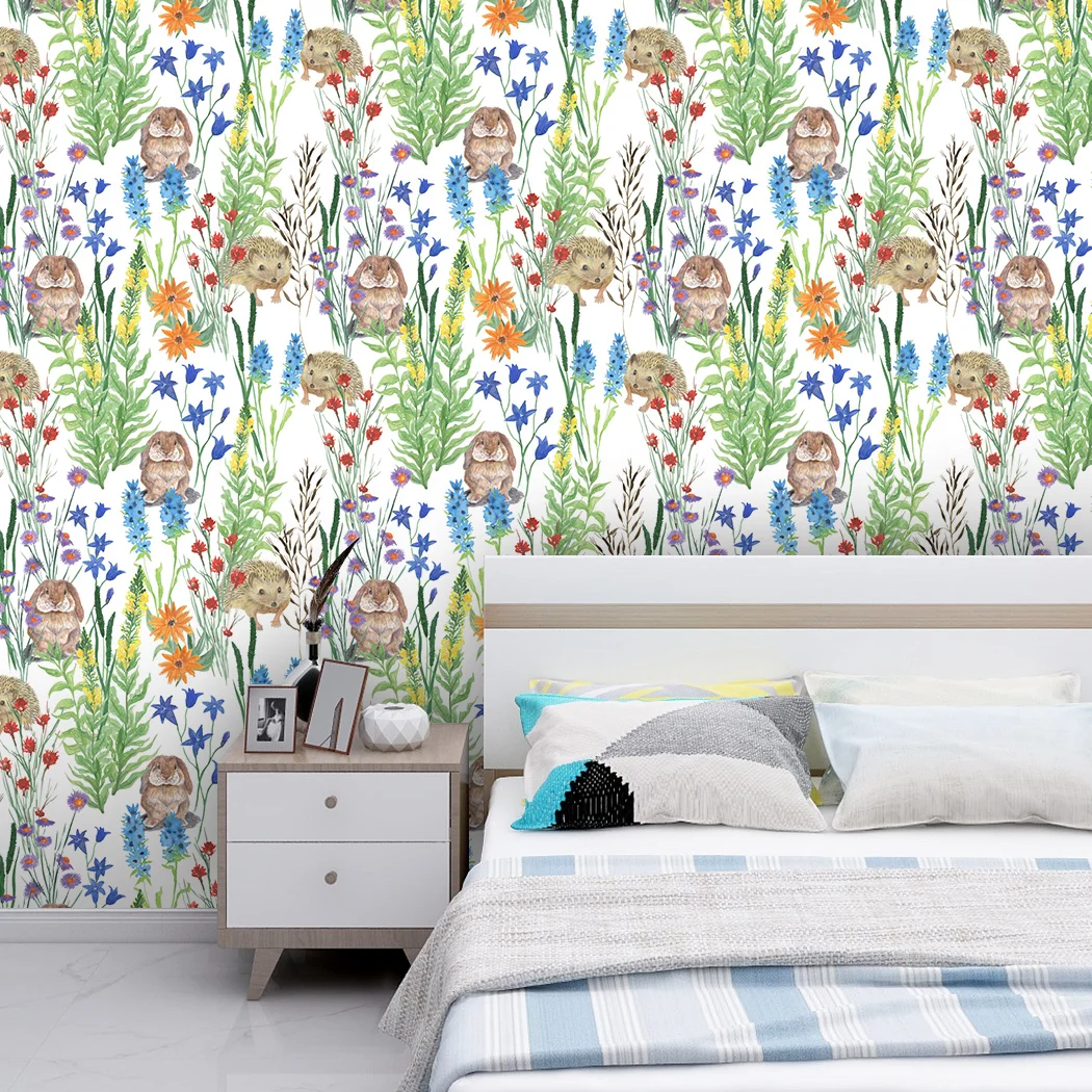 Green Forest Peel and Stick Wallpaper Cute Rabbit Self Adhesive Wallpaper Watercolor Removable Contact Paper for Kids Room