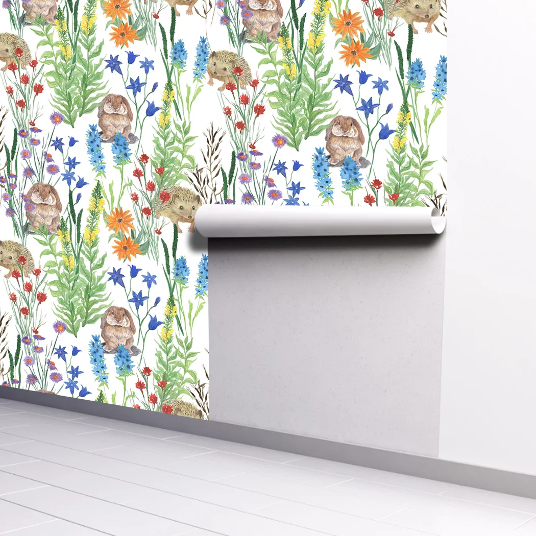 Green Forest Peel and Stick Wallpaper Cute Rabbit Self Adhesive Wallpaper Watercolor Removable Contact Paper for Kids Room