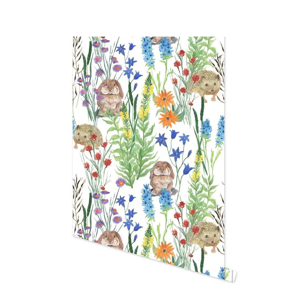 Green Forest Peel and Stick Wallpaper Cute Rabbit Self Adhesive Wallpaper Watercolor Removable Contact Paper for Kids Room