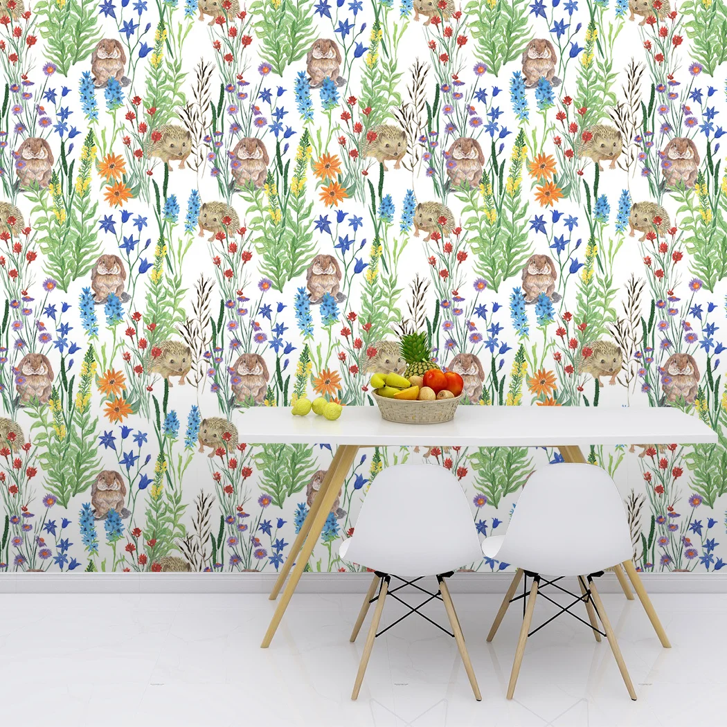 Green Forest Peel and Stick Wallpaper Cute Rabbit Self Adhesive Wallpaper Watercolor Removable Contact Paper for Kids Room