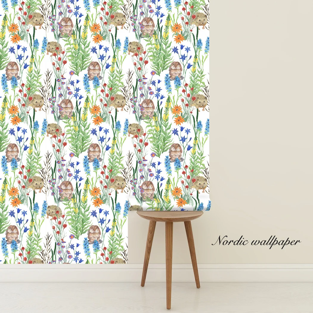 Green Forest Peel and Stick Wallpaper Cute Rabbit Self Adhesive Wallpaper Watercolor Removable Contact Paper for Kids Room