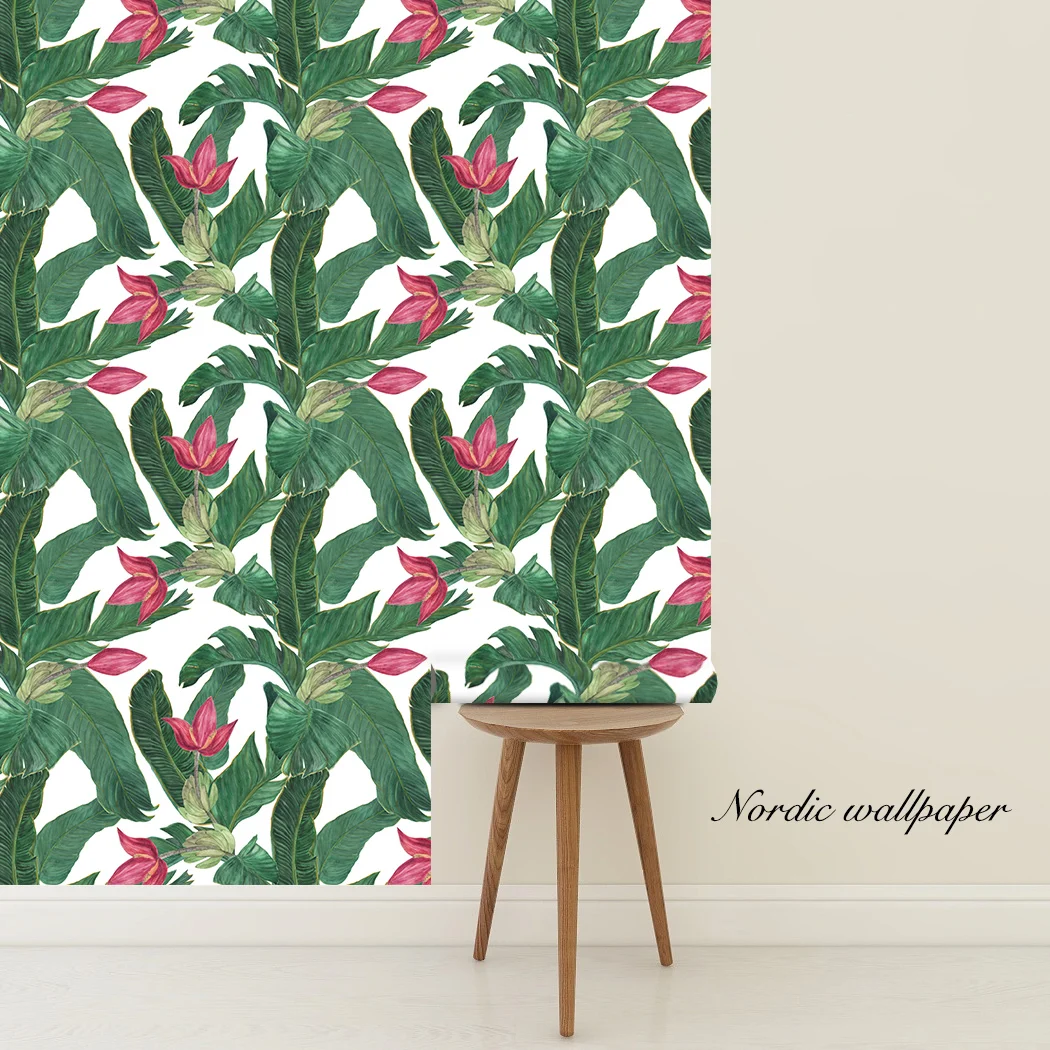 Jungle Green Tropical Self Adhesive Floral Wallpaper Palm Banana Leaf Peel and Stick Wallpaper Green/Red Removable Contact Paper