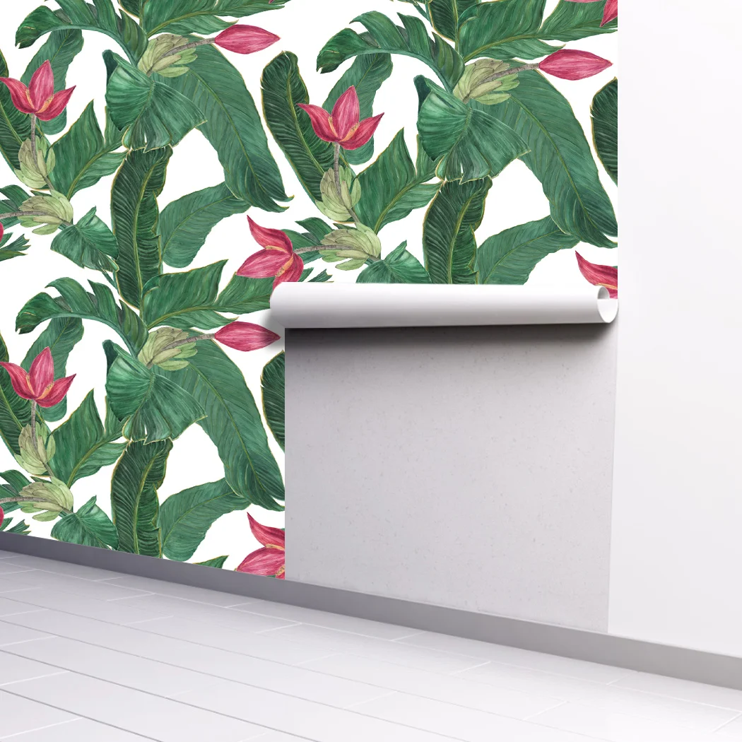 Jungle Green Tropical Self Adhesive Floral Wallpaper Palm Banana Leaf Peel and Stick Wallpaper Green/Red Removable Contact Paper