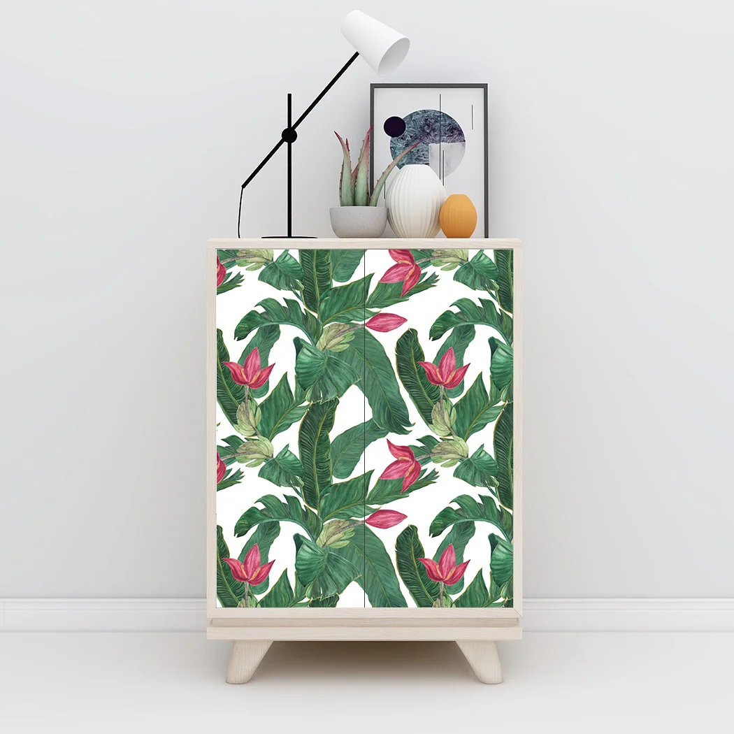 Jungle Green Tropical Self Adhesive Floral Wallpaper Palm Banana Leaf Peel and Stick Wallpaper Green/Red Removable Contact Paper