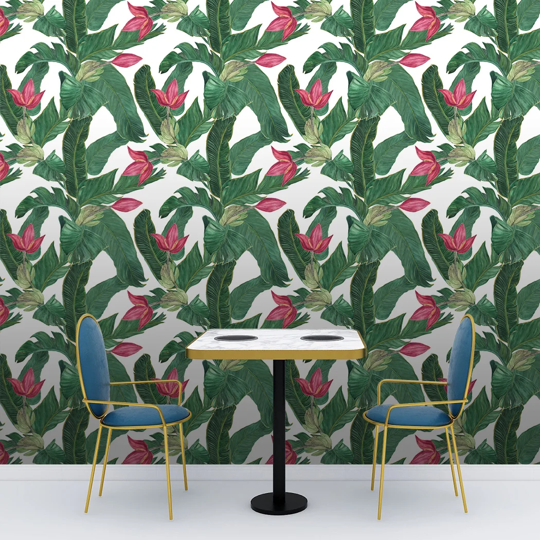 Jungle Green Tropical Self Adhesive Floral Wallpaper Palm Banana Leaf Peel and Stick Wallpaper Green/Red Removable Contact Paper