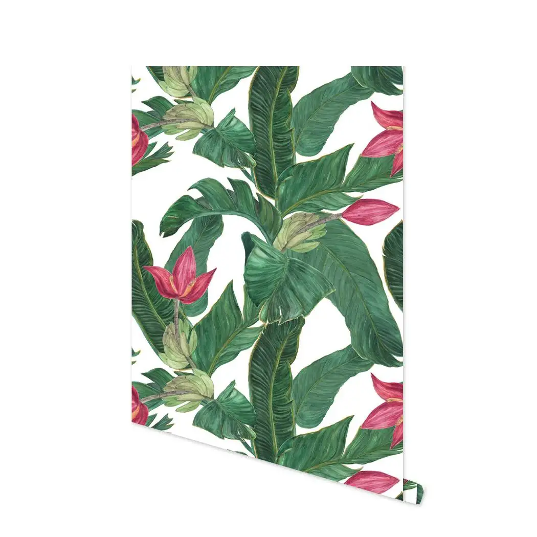 Jungle Green Tropical Self Adhesive Floral Wallpaper Palm Banana Leaf Peel and Stick Wallpaper Green/Red Removable Contact Paper