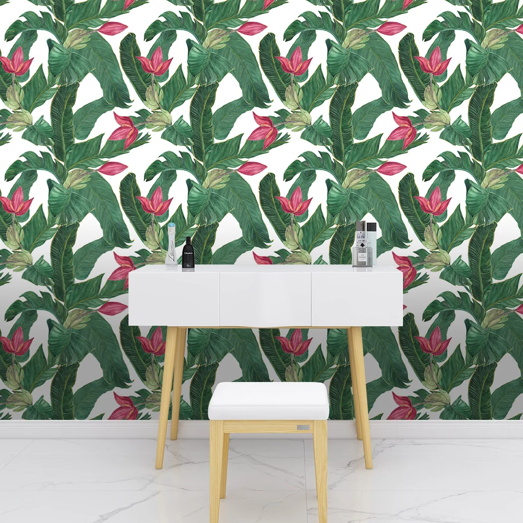 Jungle Green Tropical Self Adhesive Floral Wallpaper Palm Banana Leaf Peel and Stick Wallpaper Green/Red Removable Contact Paper