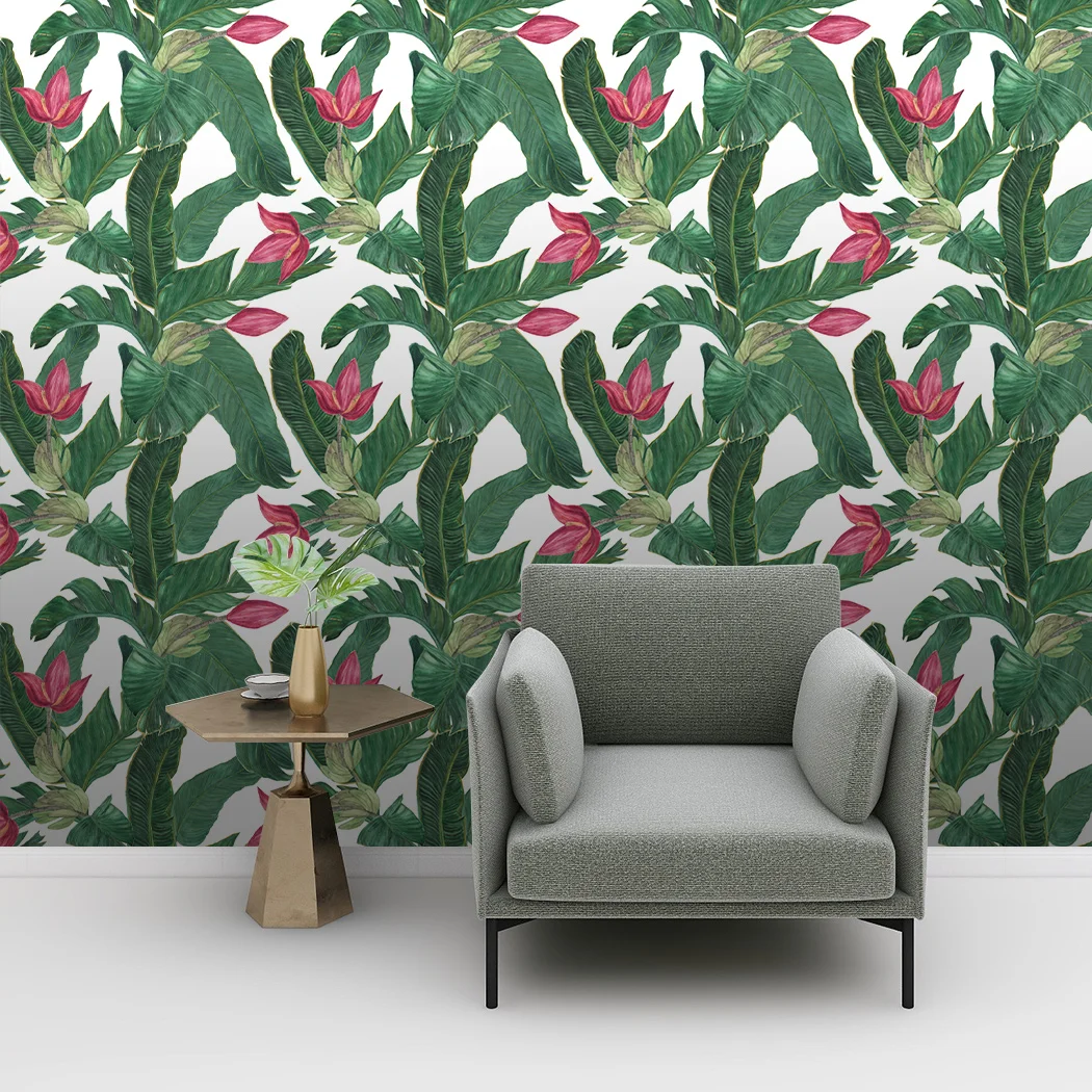 Jungle Green Tropical Self Adhesive Floral Wallpaper Palm Banana Leaf Peel and Stick Wallpaper Green/Red Removable Contact Paper