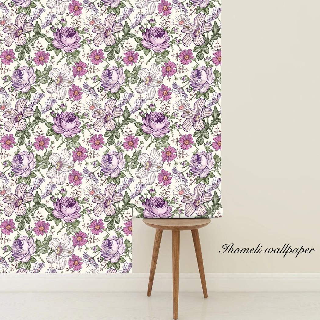 Retro Style Blooming Purple Flower Wallpaper Vintage Floral Self Adhesive Wallpaper Multicolor Peel and Stick Contact Paper