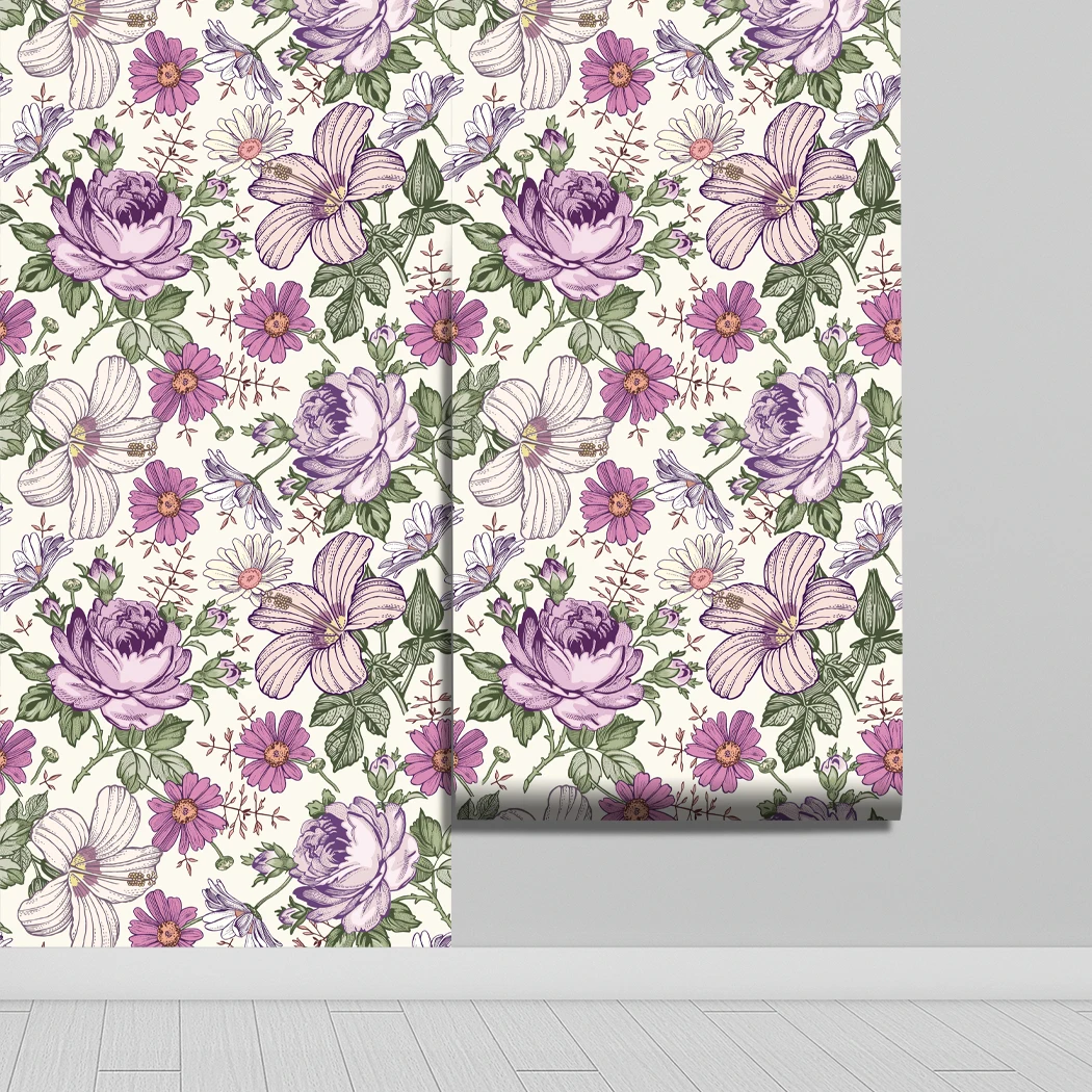 Retro Style Blooming Purple Flower Wallpaper Vintage Floral Self Adhesive Wallpaper Multicolor Peel and Stick Contact Paper