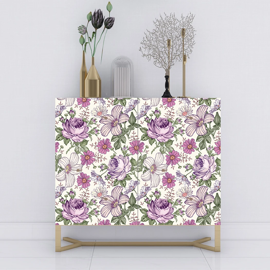 Retro Style Blooming Purple Flower Wallpaper Vintage Floral Self Adhesive Wallpaper Multicolor Peel and Stick Contact Paper