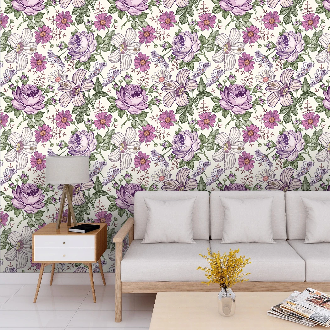Retro Style Blooming Purple Flower Wallpaper Vintage Floral Self Adhesive Wallpaper Multicolor Peel and Stick Contact Paper