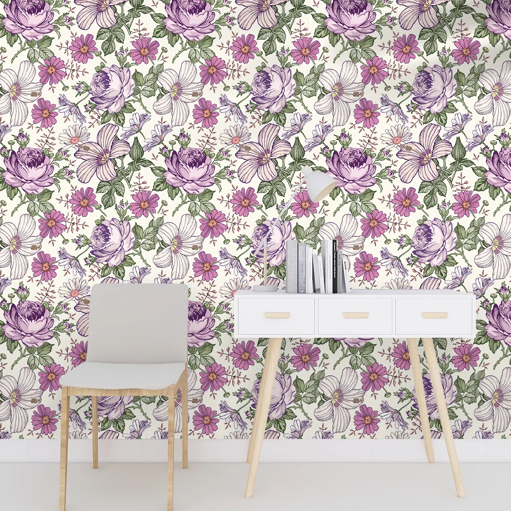 Retro Style Blooming Purple Flower Wallpaper Vintage Floral Self Adhesive Wallpaper Multicolor Peel and Stick Contact Paper