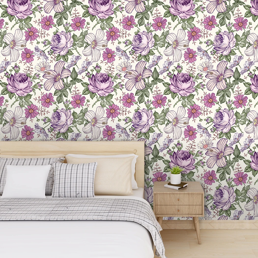 Retro Style Blooming Purple Flower Wallpaper Vintage Floral Self Adhesive Wallpaper Multicolor Peel and Stick Contact Paper