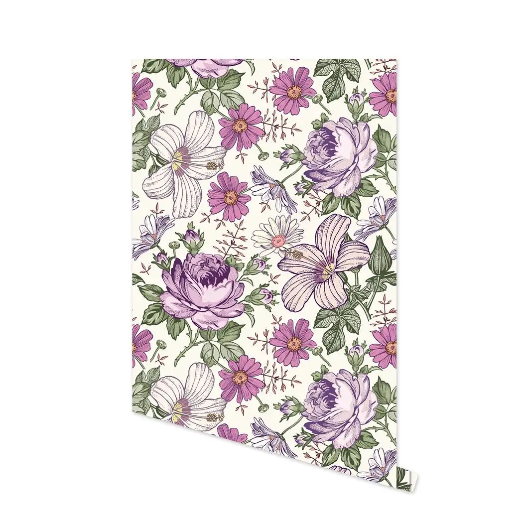Retro Style Blooming Purple Flower Wallpaper Vintage Floral Self Adhesive Wallpaper Multicolor Peel and Stick Contact Paper