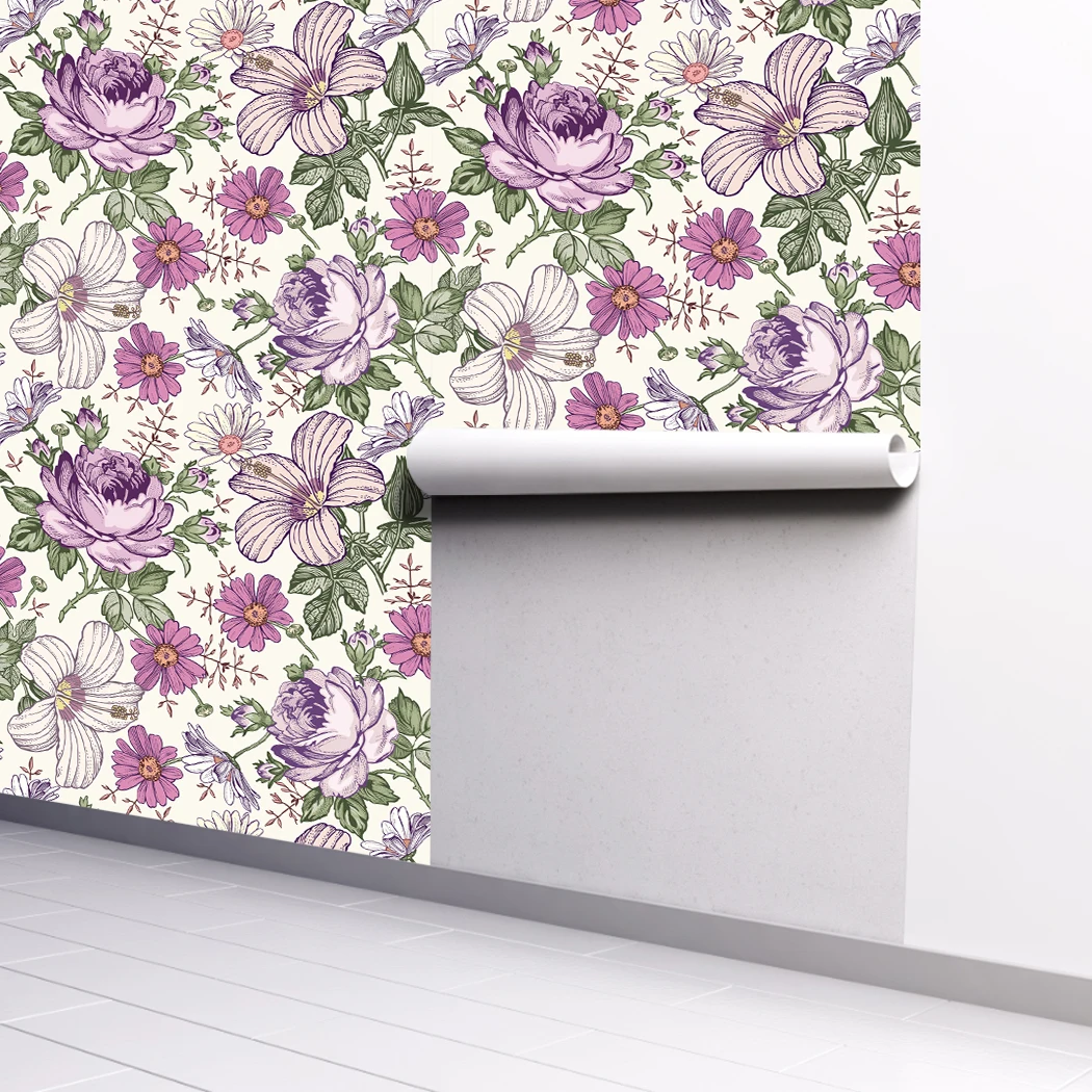 Retro Style Blooming Purple Flower Wallpaper Vintage Floral Self Adhesive Wallpaper Multicolor Peel and Stick Contact Paper