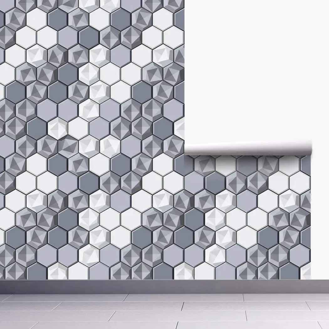 Self-Adhesive Wallpaper Peel & Stick Wallpaper Gray & White Hexagon Splicing Vinyl Wallpaper Waterproof Hexagon Wallpaper Roll